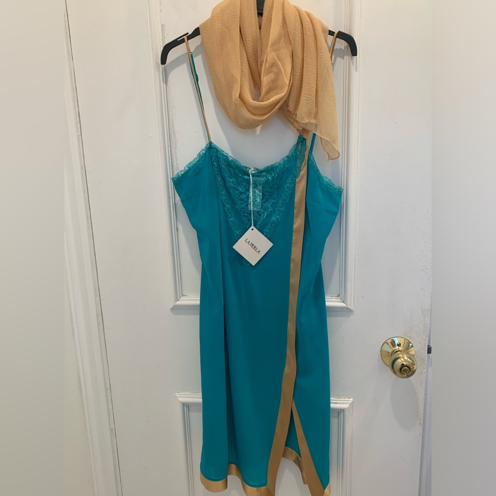 La Perla Teal and Tan Lace midi Slip Dress